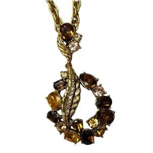 Vintage MONET Amber & Brown Crystal Pendant Signed Statement Necklace | NWT